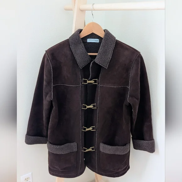 Vintage 70's Suede Shearling Collared Trench Coat In Dark Chocolate Brown - Picture 1 of 8